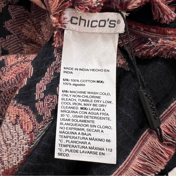 Chicos NEW Scarf Black Pink Textured Floral Leaves Cotton Fringe Oblong Boho - Picture 10 of 11